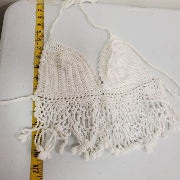 Womens Coachella Festival Fringe Crochet Halter Top Size XXS White Cropped Beach - Picture 5 of 11